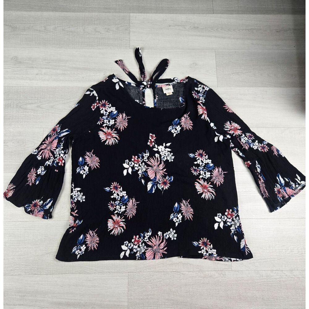 Daytrip Womens XL Black Floral Open Split Back Tie Bell Sleeve Boho Top Blouse